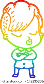 rainbow gradient line drawing of a cartoon pretty hipster girl