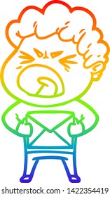 dibujo de una línea de gradiente de arco iris de un hombre furioso de caricatura
