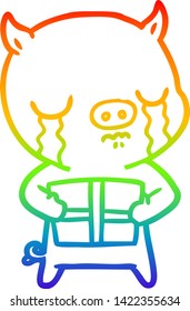 dibujo de una línea de gradiente de arco iris de un cerdo de caricatura llorando sobre navidad presente