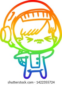 rainbow gradient line drawing of a cartoon astronaut woman