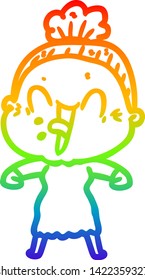 rainbow gradient line drawing of a cartoon happy old woman