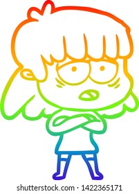 rainbow gradient line drawing of a cartoon tired woman