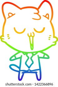 dibujo de la línea de degradado del arco iris de un gato de dibujos animados con camisa y corbata