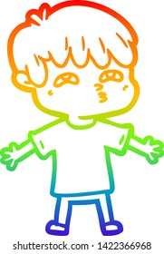 dibujo de una línea de gradiente de arco iris de un hombre de dibujos animados confundido