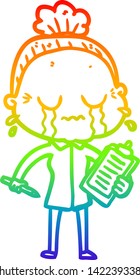 rainbow gradient line drawing of a cartoon crying old lady