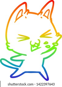 rainbow gradient line drawing of a cartoon cat hissing