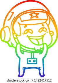 rainbow gradient line drawing of a cartoon laughing astronaut