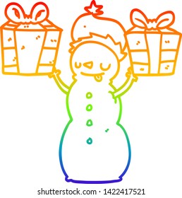 rainbow gradient line drawing of a cartoon snowman with present