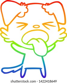 dibujo de una línea de gradiente de arco iris de un perro asqueado con dibujos animados