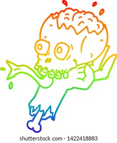 rainbow gradient line drawing of a cartoon halloween skull in zombie hand