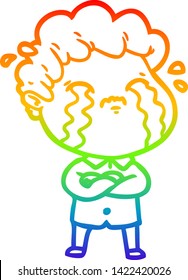 rainbow gradient line drawing of a cartoon man crying