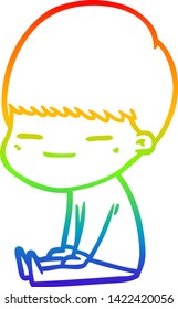 rainbow gradient line drawing of a cartoon smug boy sitting