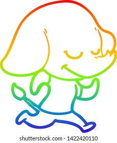 dibujo de una línea de degradado de arco iris de un elefante sonriente de dibujos animados corriendo