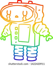 dibujo de una línea de gradiente arco iris de un robot de dibujos animados llorando