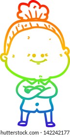 rainbow gradient line drawing of a cartoon happy old woman