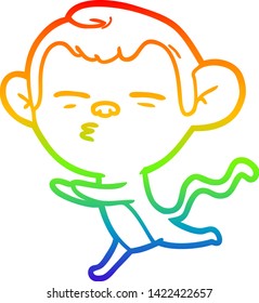 dibujo de una línea de gradiente arco iris de un mono sospechoso de la caricatura