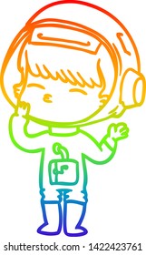 rainbow gradient line drawing of a cartoon curious astronaut wondering