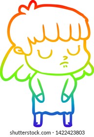 rainbow gradient line drawing of a cartoon indifferent woman