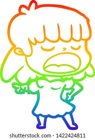 Regenbogen-Farbverlauf-Linie Zeichnung einer Cartoon-Frau, die laut spricht