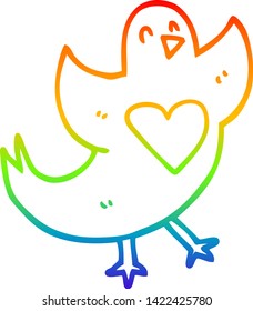 dibujo de la línea de gradiente del arco iris de un pájaro caricaturista con corazón amoroso