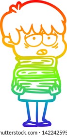 rainbow gradient line drawing of a cartoon exhausted boy holding book