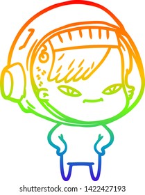 rainbow gradient line drawing of a cartoon astronaut woman