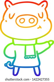 dibujo de una línea de gradiente de arco iris de un cerdo de contenido de dibujos animados con atuendo de invierno