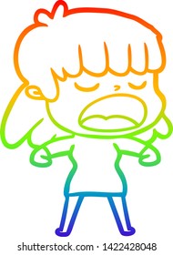 rainbow gradient line drawing of a cartoon woman talking loudly
