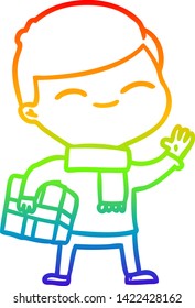 dibujo de una línea de gradiente de arco iris de un niño sonriente de dibujos animados con regalo