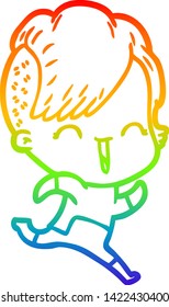 rainbow gradient line drawing of a cartoon happy hipster girl