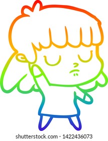 rainbow gradient line drawing of a cartoon indifferent woman