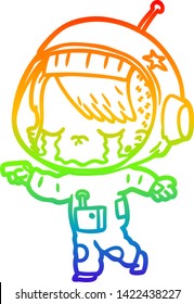 rainbow gradient line drawing of a cartoon crying astronaut girl