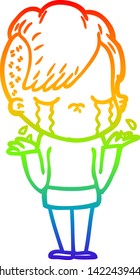 rainbow gradient line drawing of a cartoon crying girl