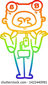 rainbow gradient line drawing of a cartoon weird alien shrugging shoulders