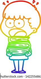 dibujo de una línea de degradado de arco iris de un niño impactado con pila de libros