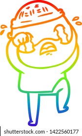 rainbow gradient line drawing of a cartoon bearded man crying and stamping foot