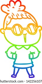 rainbow gradient line drawing of a cartoon woman wearing spectacles