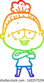 rainbow gradient line drawing of a cartoon happy old lady