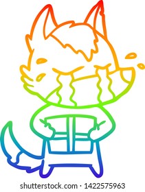 rainbow gradient line drawing of a cartoon crying wolf with christmas present