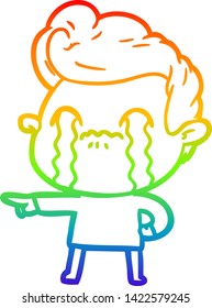 Regenbogen-Farbverlauf-Linie Zeichnung eines Cartoon-Mann weinend