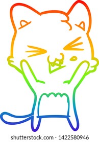 rainbow gradient line drawing of a cartoon cat hissing
