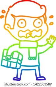 rainbow gradient line drawing of a cartoon man totally stressed out