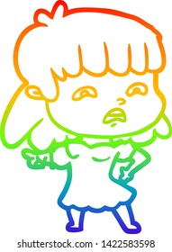 rainbow gradient line drawing of a cartoon worried woman