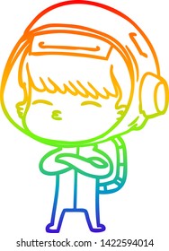 rainbow gradient line drawing of a cartoon curious astronaut