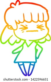 rainbow gradient line drawing of a cartoon angry girl