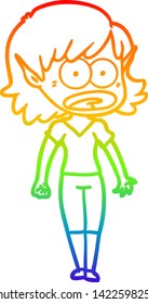 rainbow gradient line drawing of a cartoon shocked elf girl