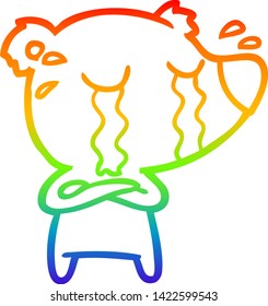 dibujo de una línea de gradiente de arco iris de un oso llorando de caricatura