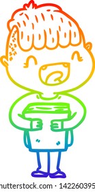 rainbow gradient line drawing of a cartoon happy boy with new books