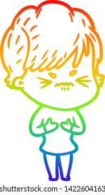 rainbow gradient line drawing of a cartoon frustrated woman