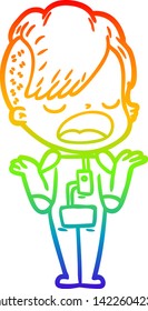 rainbow gradient line drawing of a cartoon cool hipster girl in space suit